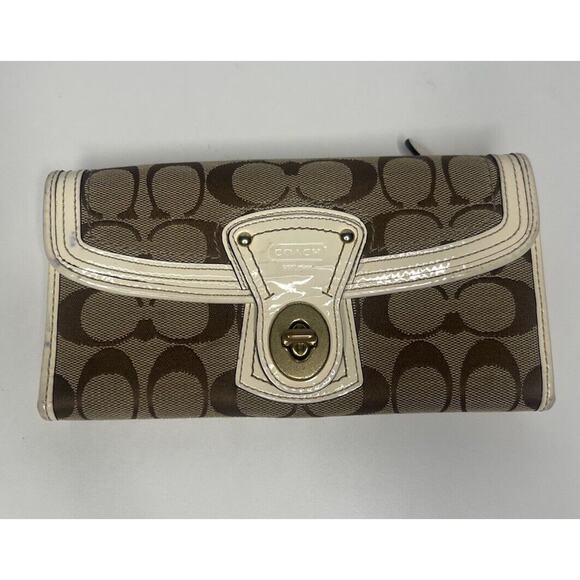 Coach Legacy Signature Wallet Brown Logo Canvas White Leather Bi-Fold Clutch - Picture 1 of 11